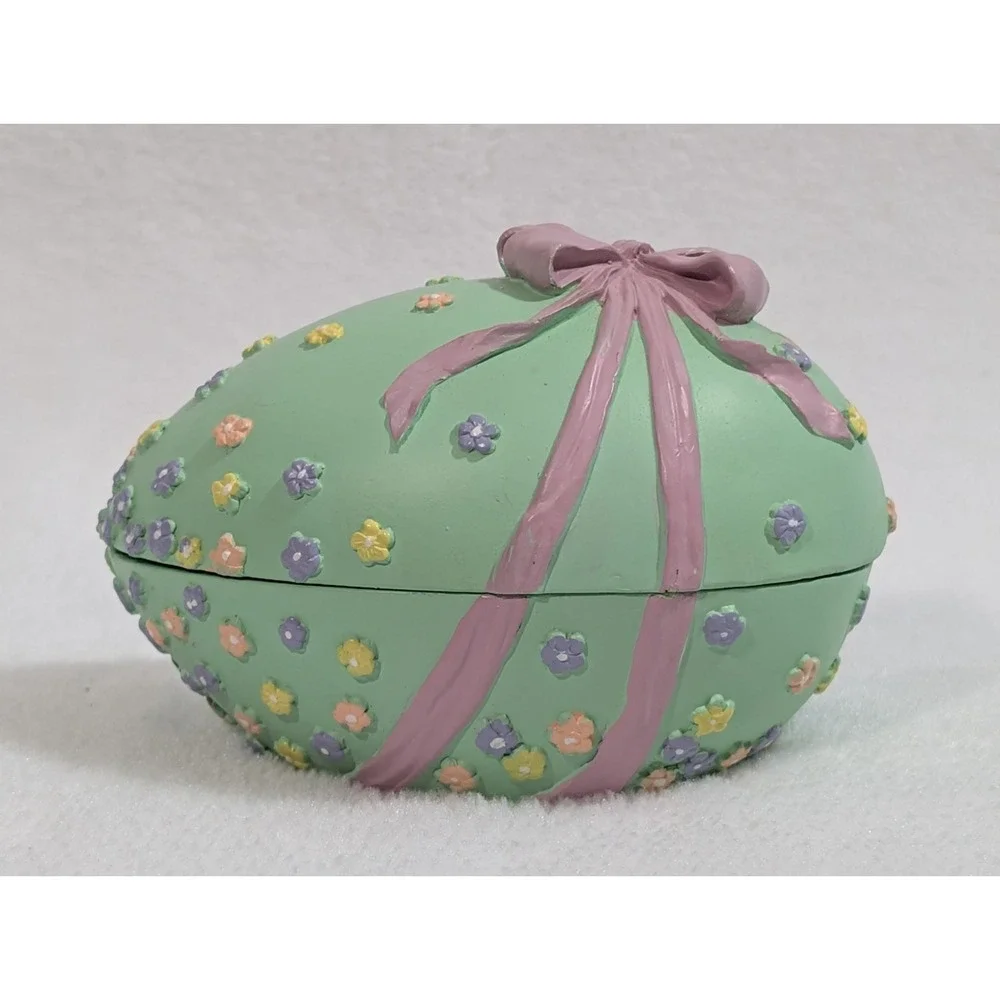 Vintage 90s Easter Egg Bunny Fishing Figurine Pastel Bow Knick Knack Decor Opens